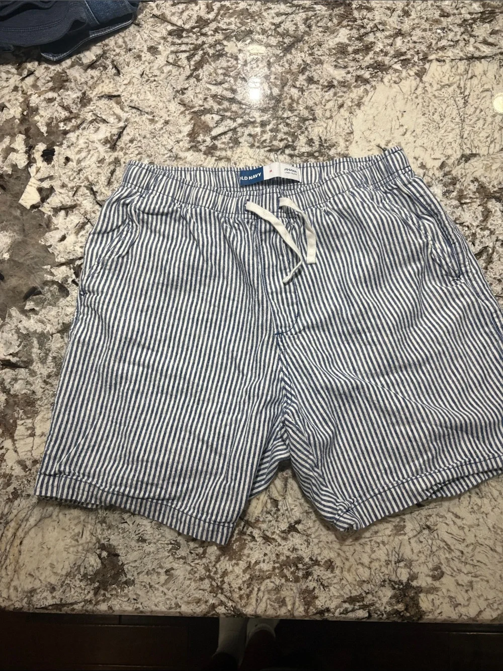 Old Navy Blue and White Striped Men's Swim Trunks